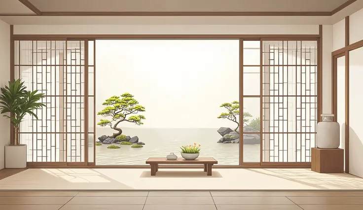illustration in soft colors predominating , minimalism of a Japanese style living room with window to see the minimalist Japanese garden with bonsai trees, the stage evokes energy and elegance