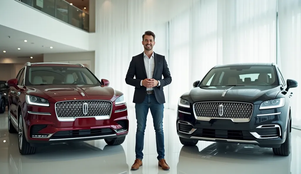 An ultra-realistic, high-definition image of a well-dressed car reviewer standing confidently between a glossy maroon Lincoln Aviator and a glossy black Lincoln Corsair inside a modern, luxurious white showroom. The reviewer, a young man in a stylish casua...