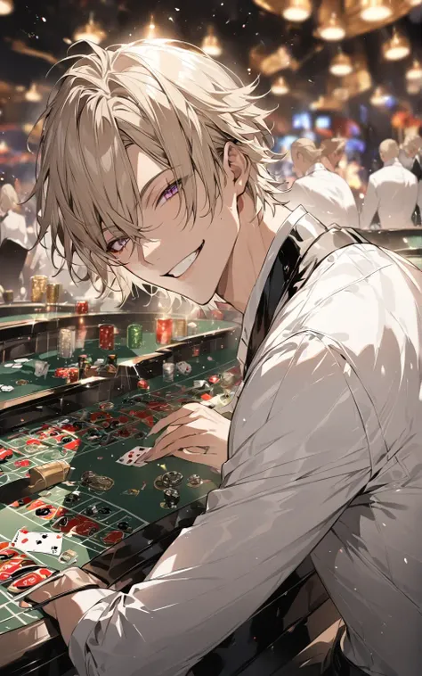 alone,  Handsome, 1 male,  short hair,  gray hair , brown eyes, smoke, 吸烟 Handsome少年/half-open eyes/ dark pattern black suit/  Gold-rimmed tie/ one-handed poker/  Gambling table perspective composition/ gold dice/  Chip rain special effect/ neon halo poker...