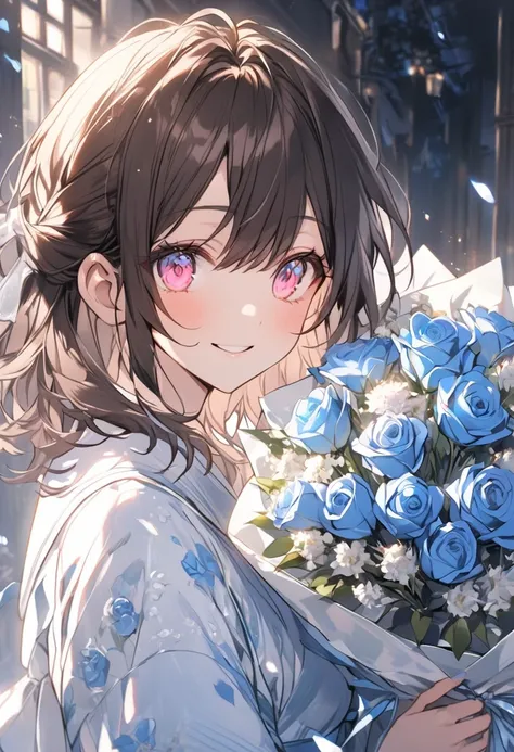 Alone，medium hair，Dark brown hair， tip pink highlight，woman， Light Pink Eyes ，smile,white day,with a light blue ribbon attached to the head,Bouquet of light blue and blue roses,morning