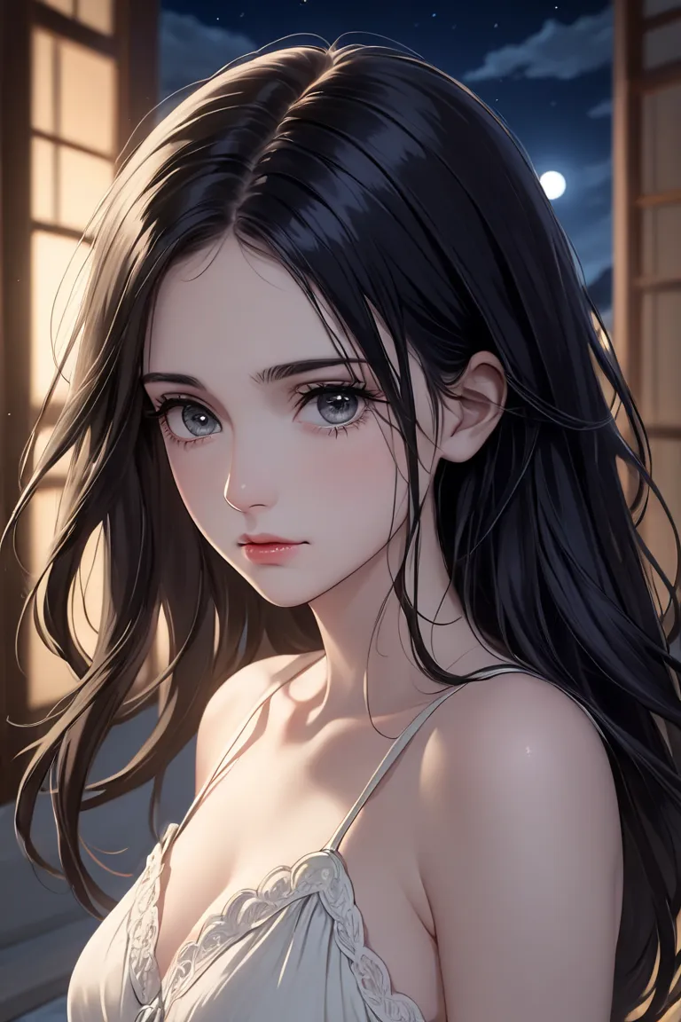 (masterpiece, best quality, 8k, high definition), whole body, woman, long silky black hair, mid-chest, soft grey eyes, soft lips, pale skin, beautiful face, wearing a cream-colored sundress, natural light, detailed background, Detailed Illustration Art, li...