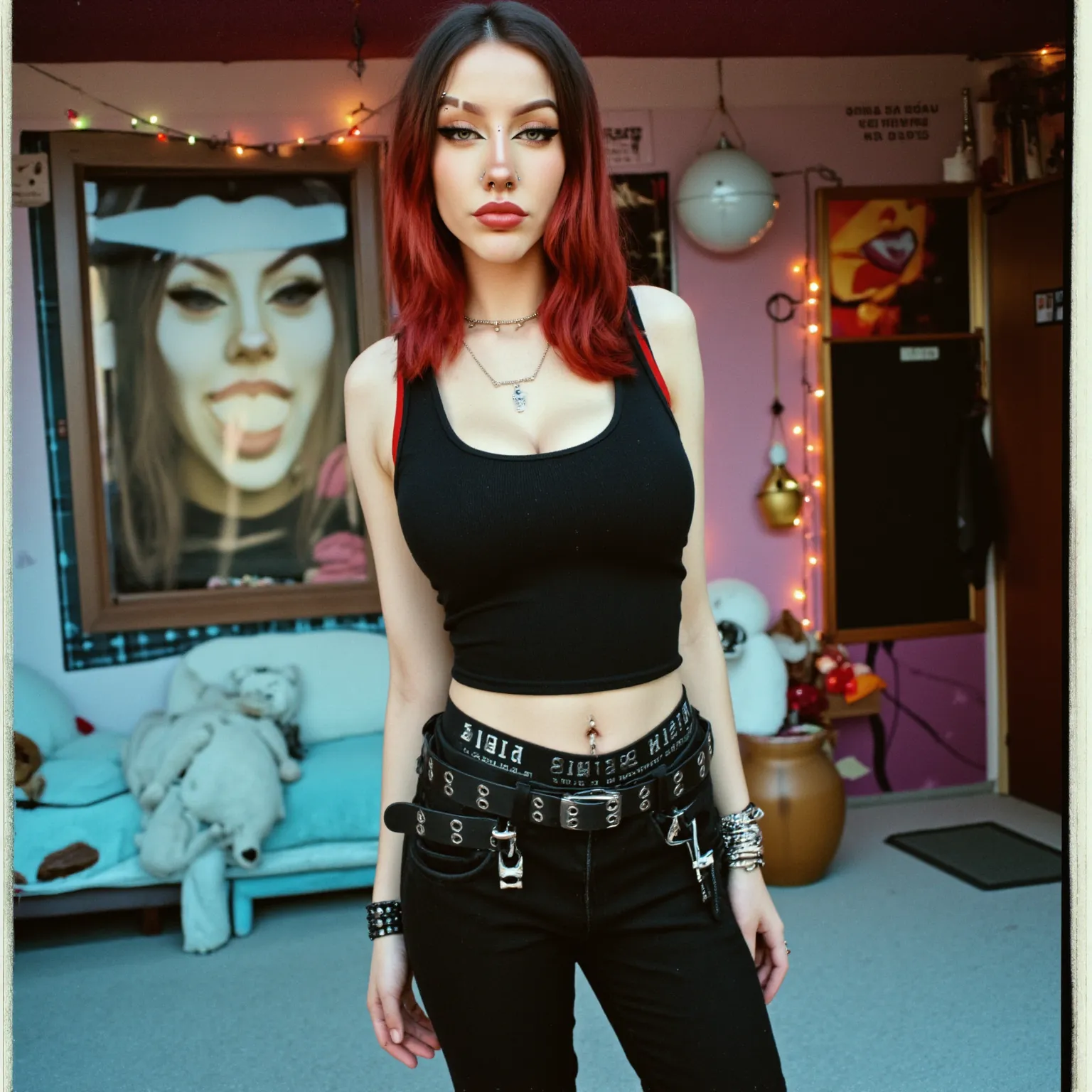 mggs2, ultra realistic, ultra detailed image, ultra quality,  mggs2, cinematic, ((full body shot)) ((gothic style)),  a beautiful  gothic sensual woman wearing a gothic outfit, looking at the camera in a sensual way, slight smirk, spiked bracelets, silver ...