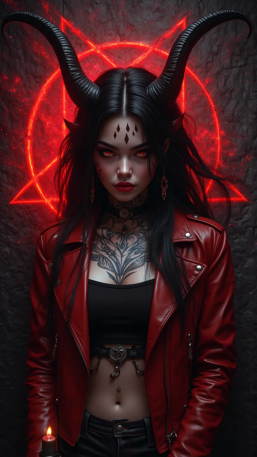 「Stand against the background of a dark stone wall、A beautiful devilish Japanese girl stands against the backdrop of a dark stone wall。She wears a red leather jacket and black top、Tattoos stand out on her face, which has horns and red eye makeup。Long black...