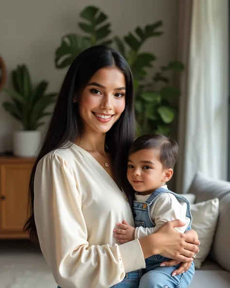 A woman is holding a baby close. The woman is medium skin tone pakistani looking , appears to be in her  30s, and has long straight black  hair open. She is wearing a cream-colored,  top with puffed sleeves and light blue jeans. Her facial expression is lo...