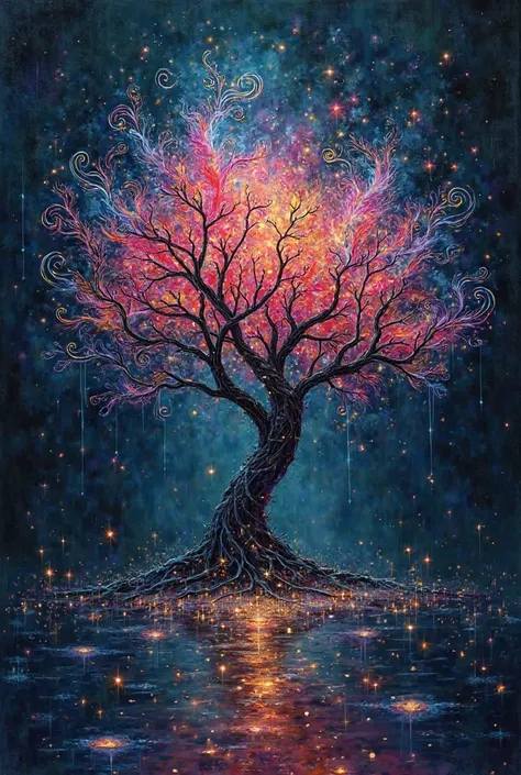 Ethereal colorful tree painying black background 