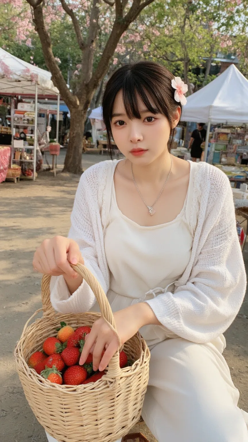  scene：cherry blossom fading community market，她将藕荷色真丝吊带外罩同色系Linen wide sleeve cardigan，portable wicker basket pick fresh strawberries。
appearance：wear a single-petal cherry resin hairpin，wear a thin silver chain around her neck and wear a cherry blossom ag...