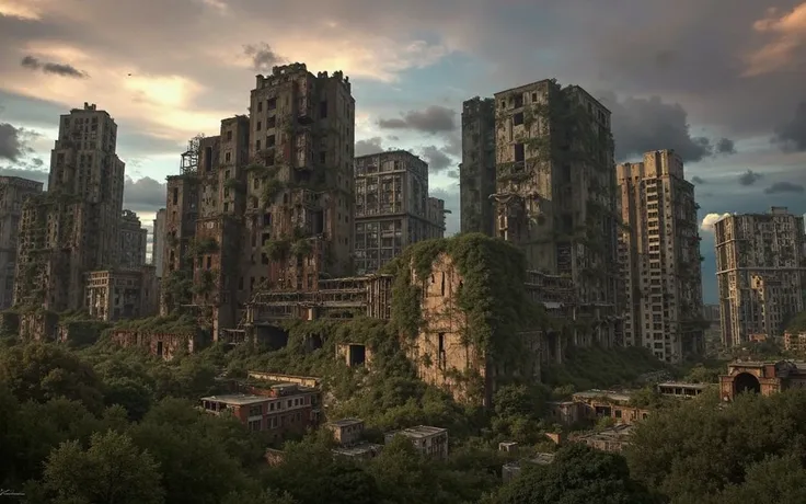 Post-apocalyptic urban landscape with towering, collapsing skyscrapers, absorbed in nature. rusty, vines, and moss, with broken windows and partially collapsed structures. The city is abandoned, with overgrown vegetation, of the breathtaking streets and ro...