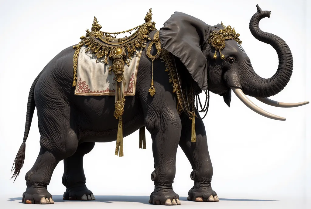 Realistic image of a giant elephant in a standing position with legs raised high, trunk curved up to the sky. Favorable 1/2 view, horizontal frame. full growth. The elephant is dressed in an elaborate garland and a blanket with small gold pendants. Realist...