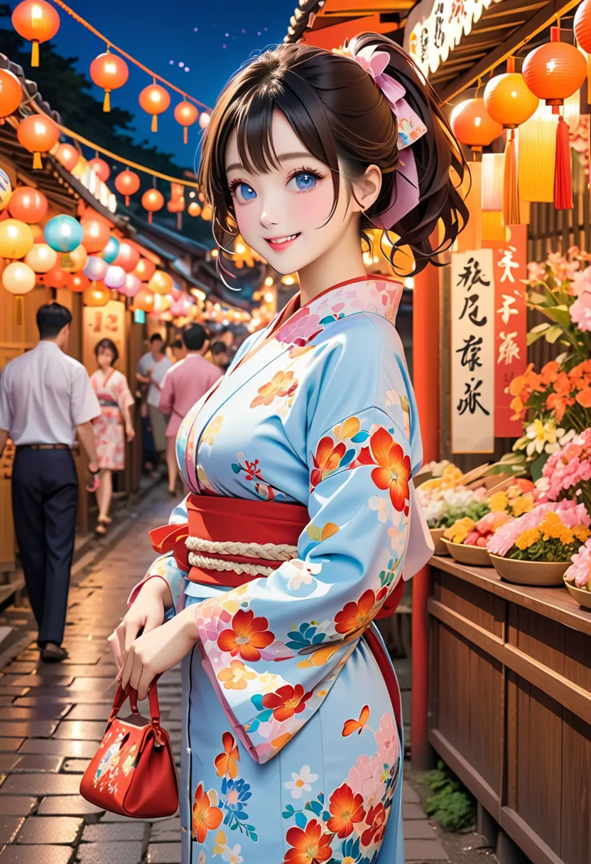 Best Quality、High Resolution、(high image quality:1.4)、masterpiece、detailed background、very detailed face、detailed eyes、age beauty、 huge breasts、(Normal number of fingers:1.3)、is anatomically correct、perfect body line、Glasses、night、Summer Festival、big smile...