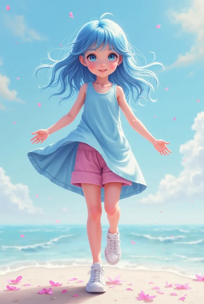 A girl with blue hair, light blue sleeveless shirt, pink shorts and white shoes.