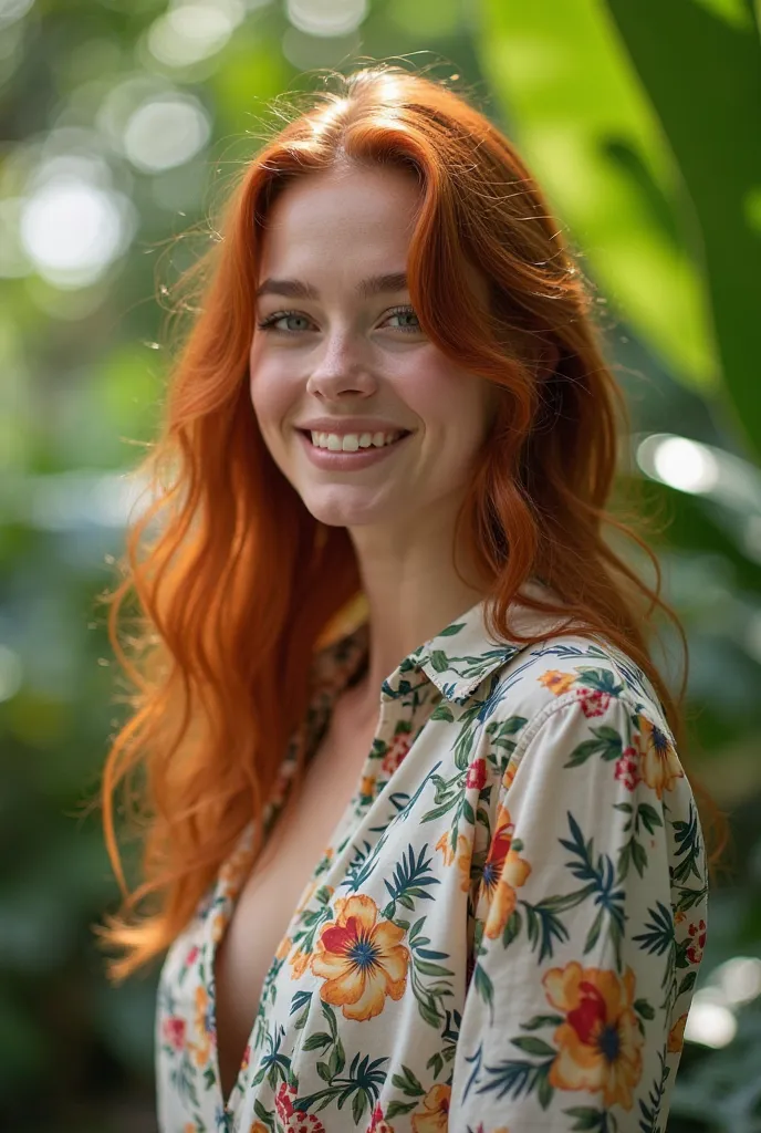 A 20-year-old Brazilian, red-haired, in a lush tropical garden, wearing a closed shirt with floral print, with a close up capturing the harmonious beauty of natural flowers, showing her natural charm and outgoing personality.