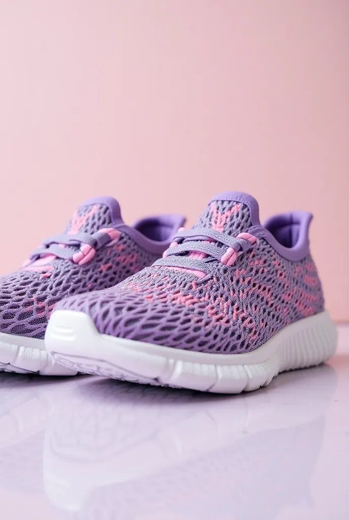 Comfortable slip-on sneakers, purple mesh fabric, pink geometric patterns, white rubber soles, lightweight casual shoes, breathable athletic footwear, women's fashion, close-up product photography, soft pastel background, minimalist style, modern design, c...