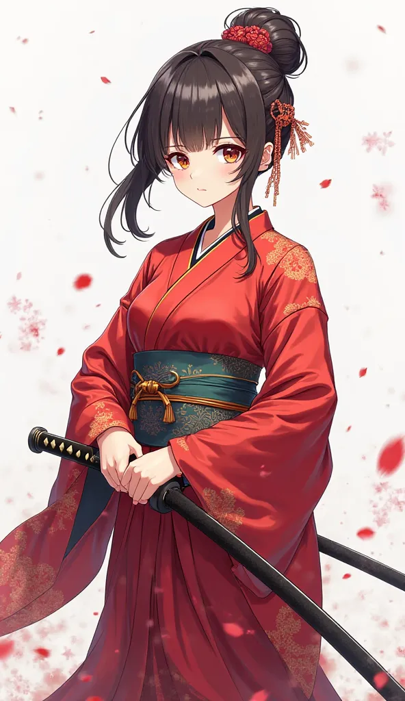 an anime japanese girl in a red kimono holding a sword in her hands, female samurai, inspired by Kanō Hōgai, the background is white and her whole body can be seen.