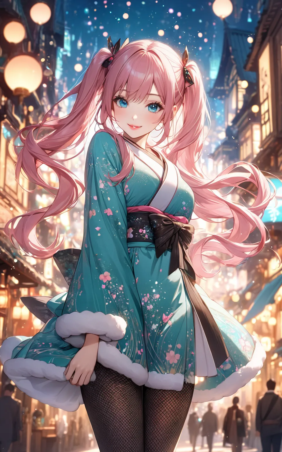 beautiful hands, black fishnet pantyhose, fantasy city, particles light, turquoise kimono, fluffy sleeves,
very cute and beautiful girl, (Pink hair:1.2), blue eyes, long hair, beautiful lips, smile, pigtails, bokeh