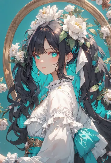 1girl, black hair, turquoise eyes, white shirts, white iliy, long hair, asymmetrical bangs, rococo style, chromatic aberration, masterpiece