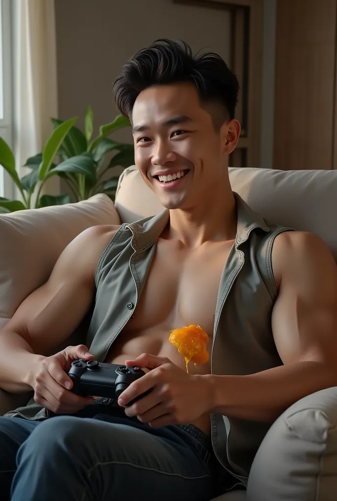 An Asian man, taking off his big shirt, sitting playing games on the couch, his left hand holding a joystick, eating a mango