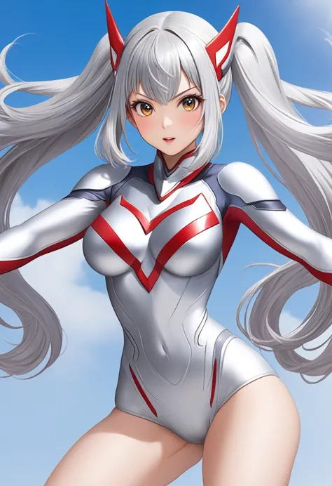 Long silver hair 、 Cute Woman with Twin Tails、Female Ultraman transformation pose