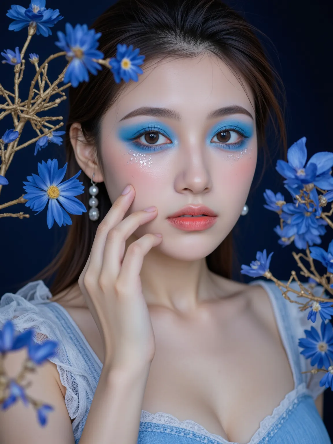 A beautiful woman with blue crystal makeup, the crystals sparkle in her eyes and she is surrounded by them. Her skin glows like moonlight. The background features an abstract blue environment with golden accents. High-resolution photography, intricate deta...