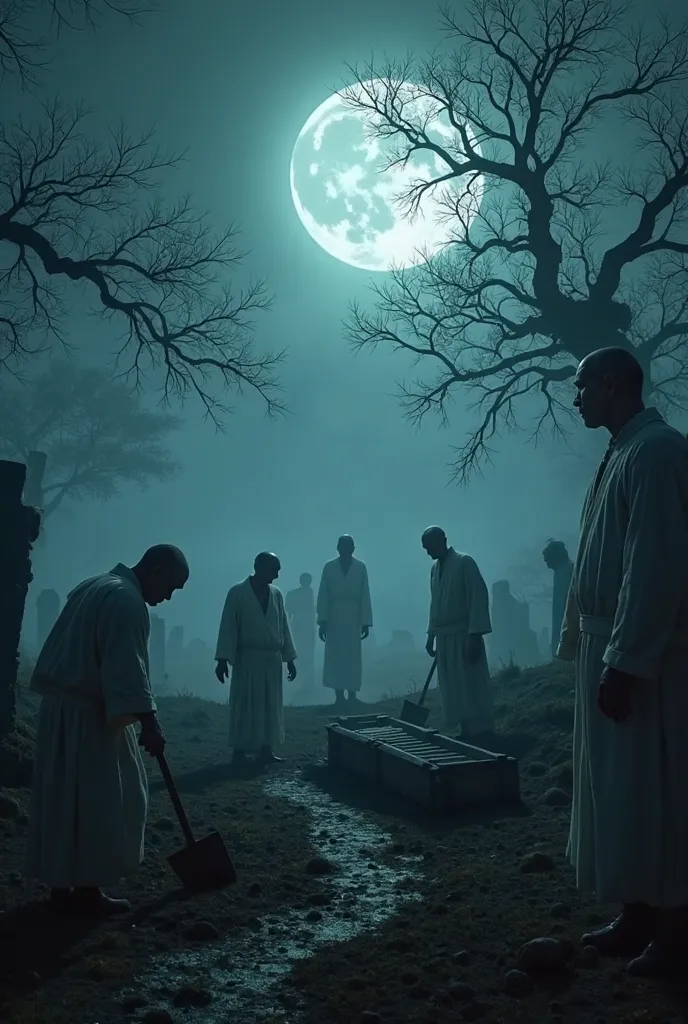 A haunted Vietnamese graveyard at night, covered in dense fog and illuminated by the eerie glow of the full moon. A group of men dressed in white mourning clothes are digging a fake grave (huyệt giả) with shovels, their faces tense and fearful. In the back...