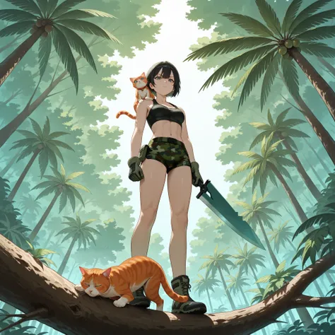  A Girl,(An orange cat standing on his shoulder),Girl wearing gray mantelpiece,There's a blue wave knife at the waist,(WEARING CAMOUFLAGE MINI SHORTS),short hair,Black Hair,With gloves,Standing on a tree ,The background is tropical forest,on the shoulder h...