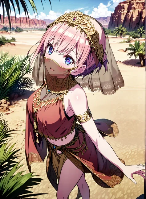 score_9, score_8_up, score_7_up,  source_anime,  Nakano Ichika,  short hair, Alone,bangs, blue eyes,  o, pink hair near MM, smile,blush,half updo,Big Breasts,Chest Valley,Arabian clothing,  dancer , mouth Veil, belly Dancing, Veil, armlet, Bare legs,is sta...