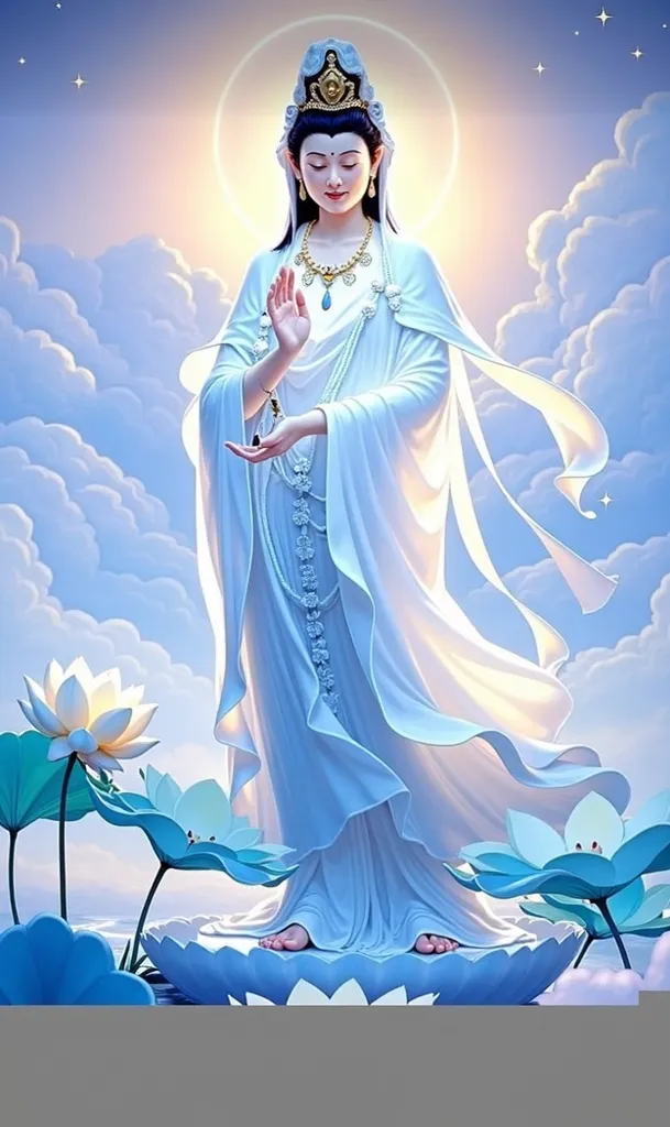 An image of the Bodhisattva standing on a glowing lotus flower amidst a starry sky. She wears a long, flowing white robe, with a delicate scarf gently floating in the wind. Her face is kind and serene, with half-closed eyes, exuding a sense of tranquility ...