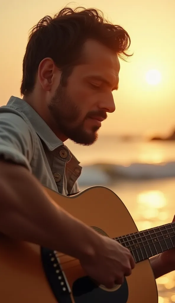 A man playing guitar by the beach at sunset, soft waves crashing in the background, the camera zooms in on his face, bathed in warm golden light.