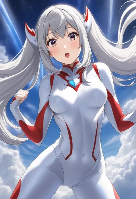 Long silver hair 、 Cute Woman with Twin Tails、Female Ultraman's Transformation Pose Pushing Her Hands Up Towards Heaven、手を天に向かって突き上げる