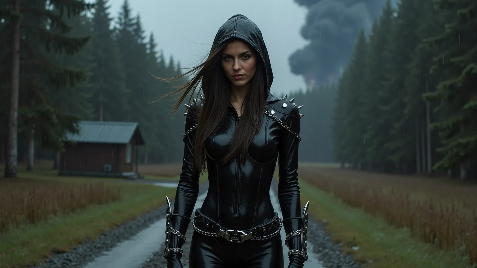       slender attractive  sexy 19-year-old female.    wearing shiny black full-body wet-look latex catsuit.   in style of  bondage theme.   fine silver chain and (((spikes woven))) throughout the fabric.   she wears a hoodie.  ((spikes at the elbows)).  sh...