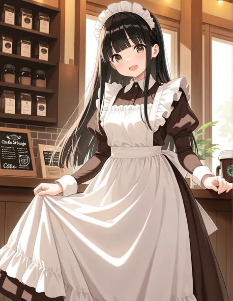 1girl, solo, voluptuous, light brown eyes, (tareme:0.6), black hair long hair straight hair glistening hair, blunt bangs, general, maid costume, dark brown dress long dress, juliet sleeves, white apron frilled apron, maid headdress, coffee shop background,...