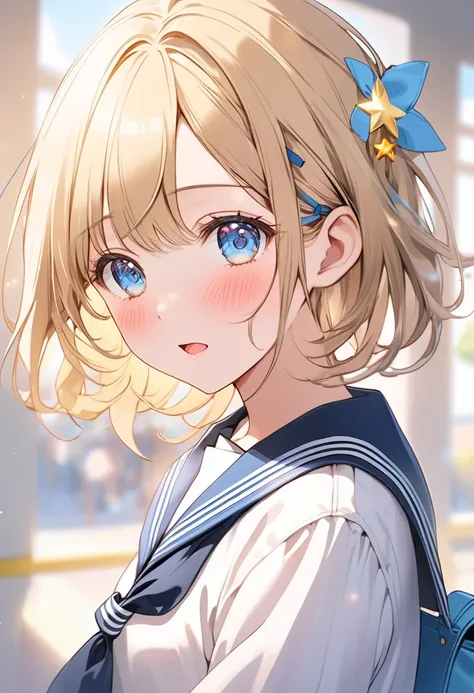 A close-up of an anime-style schoolgirl with light blue, semi-long bob hair, featuring a distinctive yellow star hair accessory. She wears a classic sailor-style school uniform with a neatly tied ribbon and a pleated skirt, giving her a traditional yet sli...