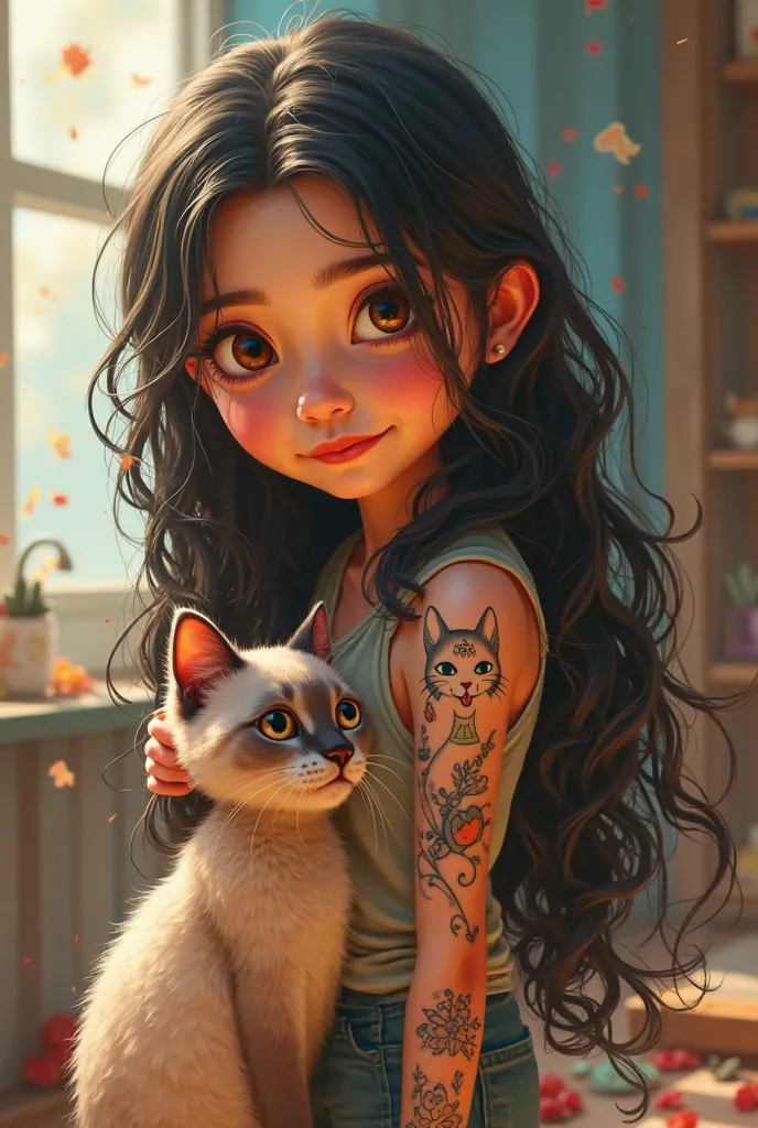 pixar-like poster of a girl with brown eyes long black hair, with a black-haired boy tattooed on his arm brown eyes and a Siamese cat
