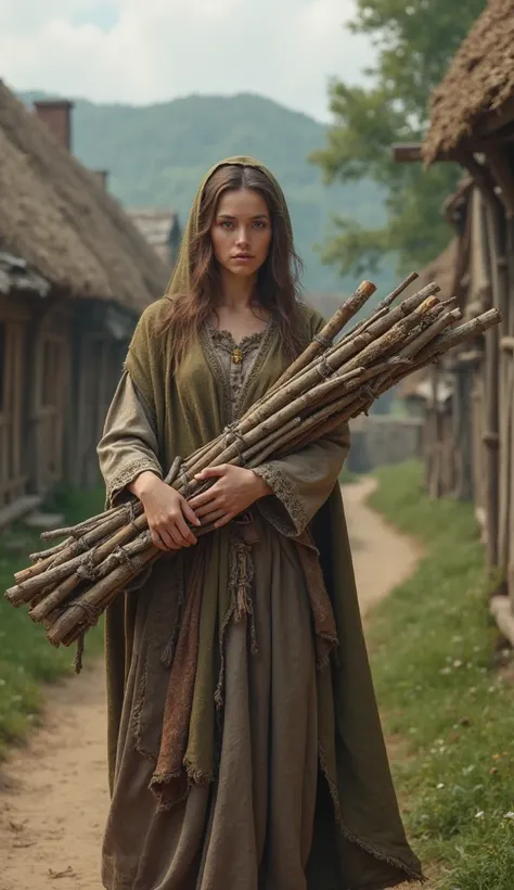 A woman dressed in the Middle Ages carrying ten wooden sticks 