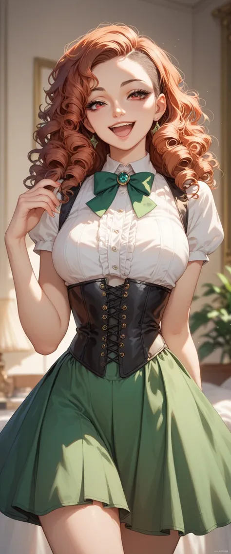 A tall sexy girl beautiful big breasted beautiful curly red hair wavy long laugh her light red eye wide black eyelash dresses white top cut under a vest black corset and short green skirt long brown boot