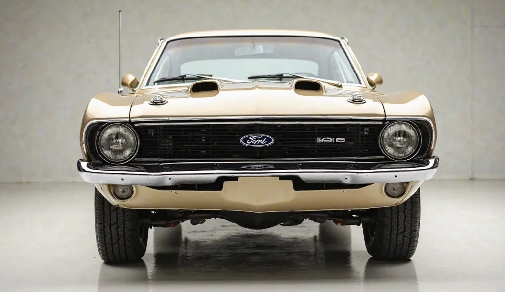 A high-quality studio shot of a Ford Maverick 331 V8 in beige color, captured from the front. The car has two round headlights, dual hood scoops, a blacked-out grille with '331' written on it, and a chrome bumper. The Ford logo is centered on the grille. T...