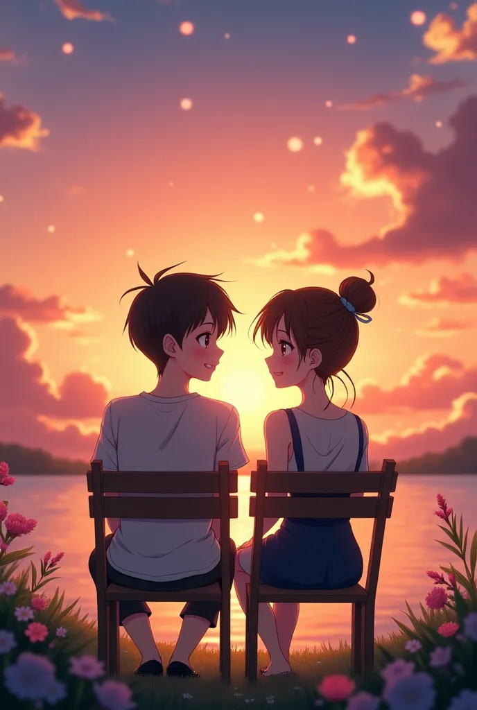 Couple sitting on chair in sunset in anime 