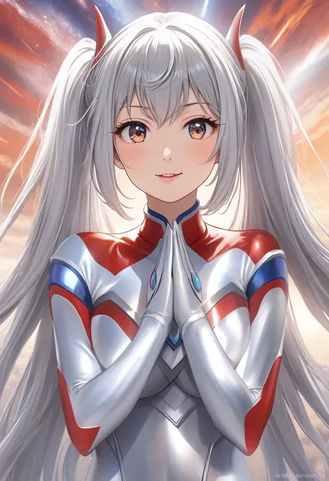 Long silver hair 、 Cute Woman with Twin Tails、Female Ultraman's Transformation Pose Pushing Her Hands Up Towards Heaven、手を天に向かって突き上げる