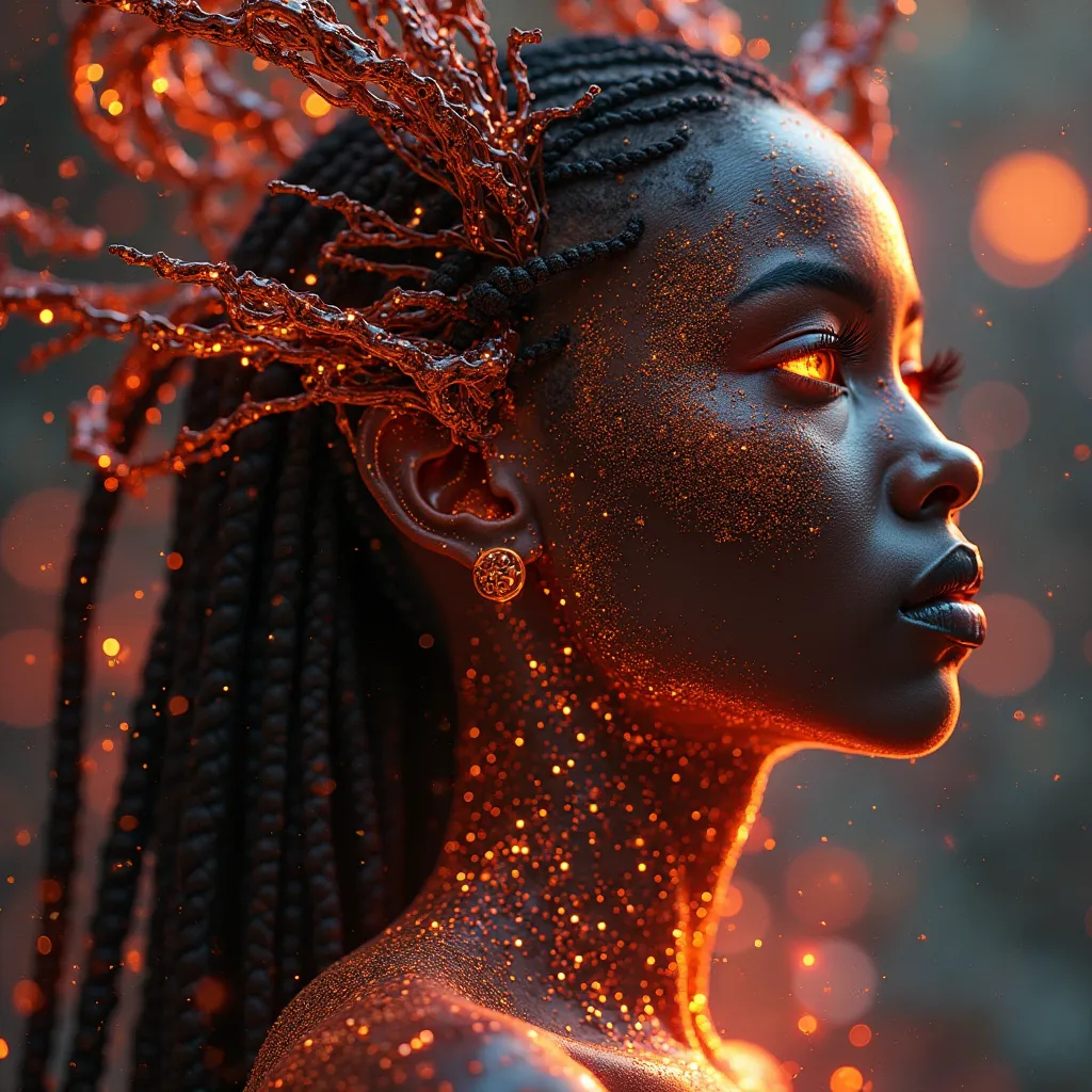 Fractals infused hybrid eith a beautiful black woman fractals sre her eyes down to the patterning in her skin ethereal otherworldly neinf of light translucent eith fractal patterns beaning out of her body red streaks orange streaks hyperdetailed intricate ...