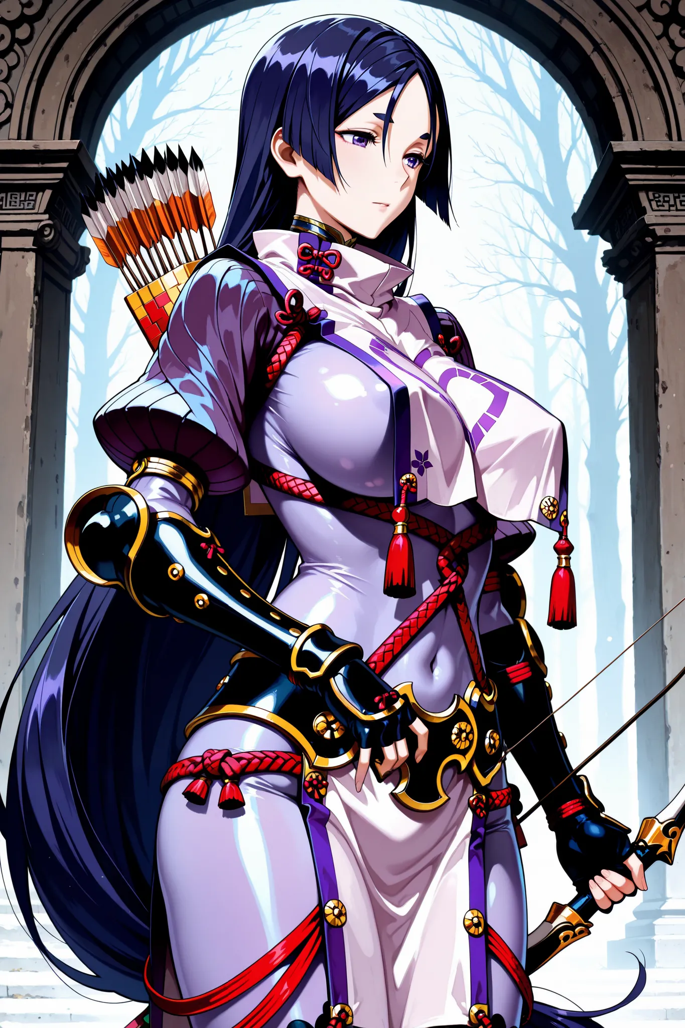 masterpiece,best quality, amazing quality, very aesthetic,anime screencap, 1girl, large breasts, minamoto no raikou (fate), parted bangs, purple eyes, purple hair, very long hair,hime cut, forehead,thick eyebrows,(purple bodysuit), breast curtain, rope, ta...