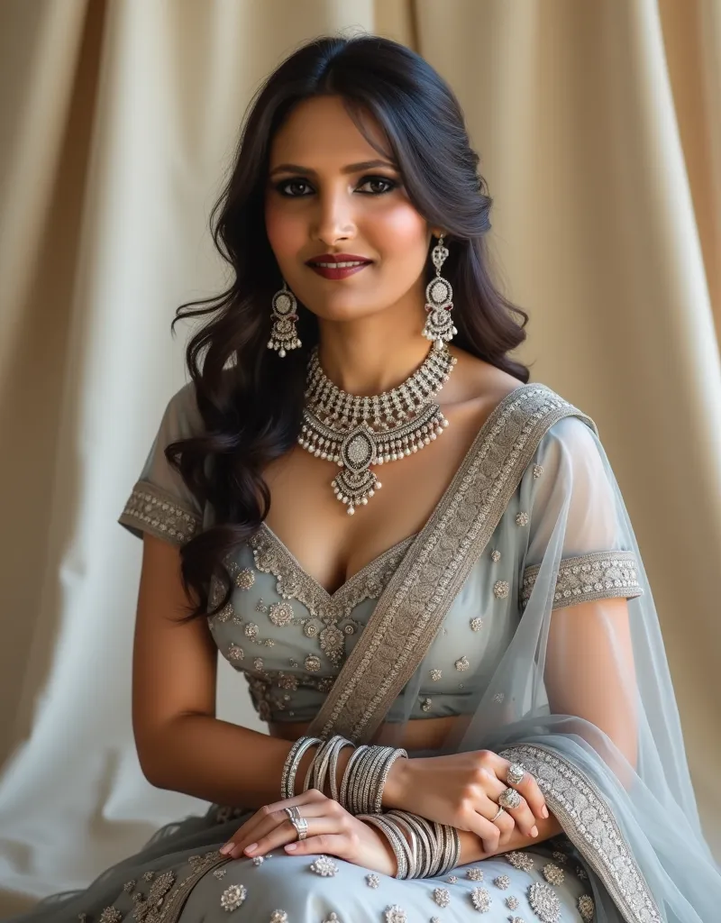 Woman (ethnicity:Indian, age:25-35),  (body type:curvy, pose:sitting), (detailed clothing:1.2), (accessories:1.2) (jewelry: elaborate necklace and earrings with precious stones, bangles), (facial features:1.3), (expression:pleasant),  (detailed skin textur...