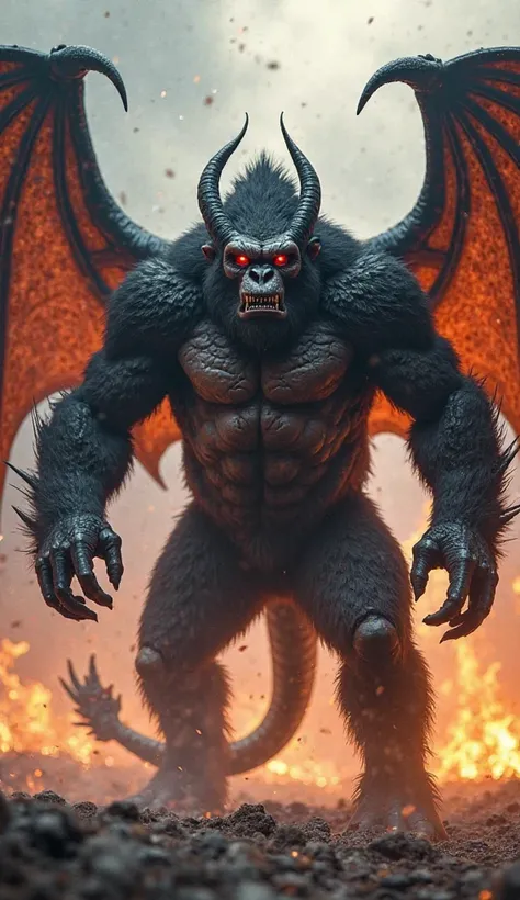 "A powerful hybrid creature combining a gorilla and a demon dragon, standing menacingly with fire raging in the background. The creature has the muscular build and dark fur of a gorilla, but with massive, bat-like dragon wings, glowing red eyes, and sharp ...