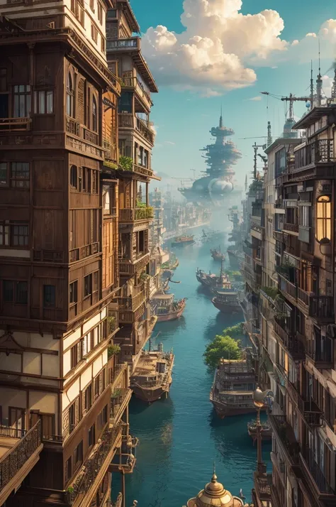 超details, details, high quality, 8k, Miyazaki style,  a steampunk style city floating in the air, Clouds々Building , mysterious and technical--v 6 