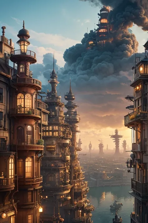 超details, details, high quality, 8k, Miyazaki style,  a steampunk style city floating in the air, Clouds々Building , mysterious and technical--v 6 