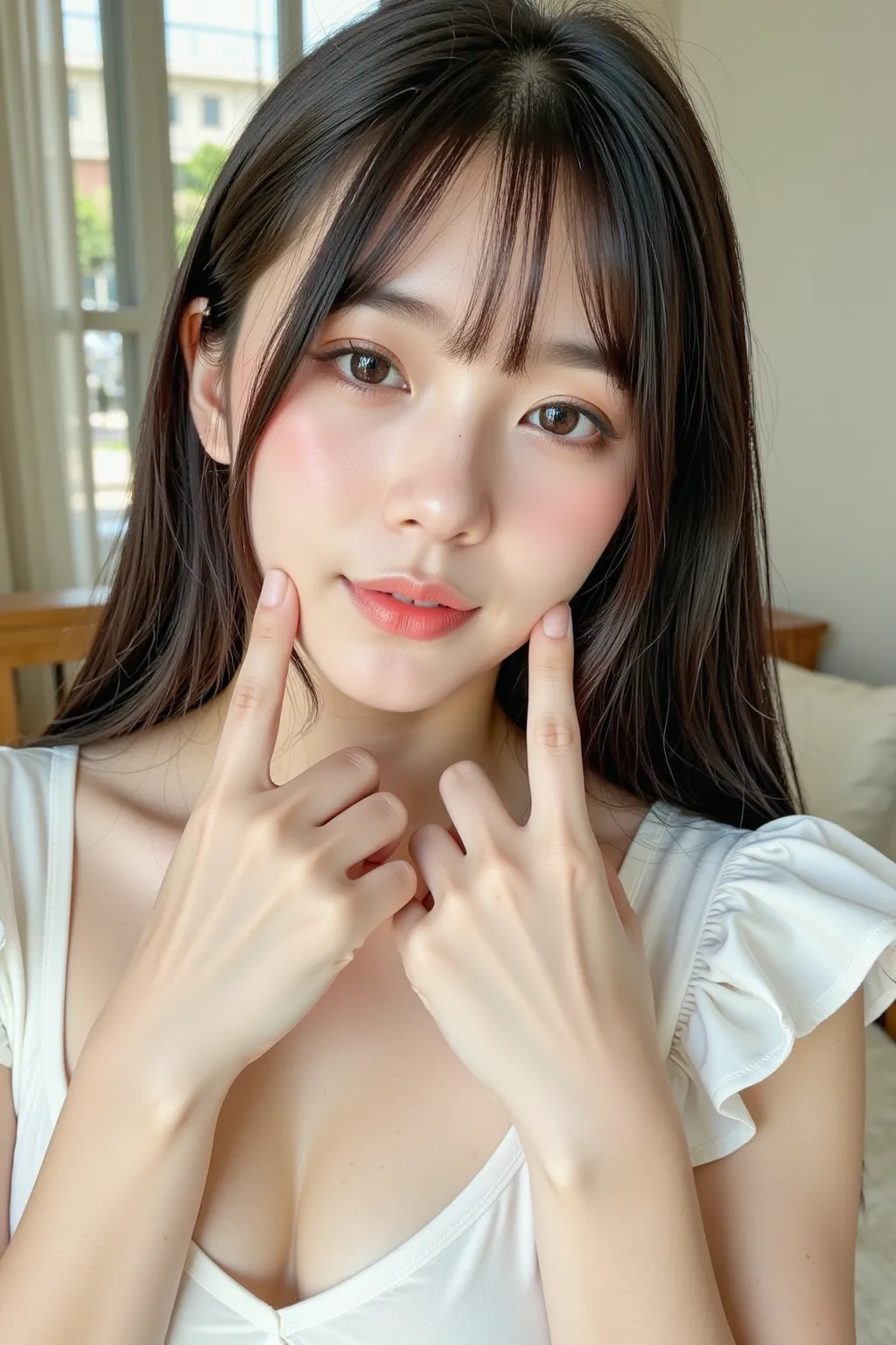 Best Quality, numerous awards for the future, with a super realistic skin texture, very detailed, Extremely accurate , High dynamic range、express facial shine、Light and Dark Emphasis、A young woman winks at the camera、She is posing cutely。Her hair is long a...