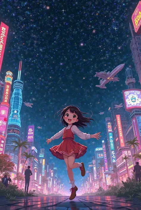 Cute anime style girl dancing happily in retro style under the starry sky in the city