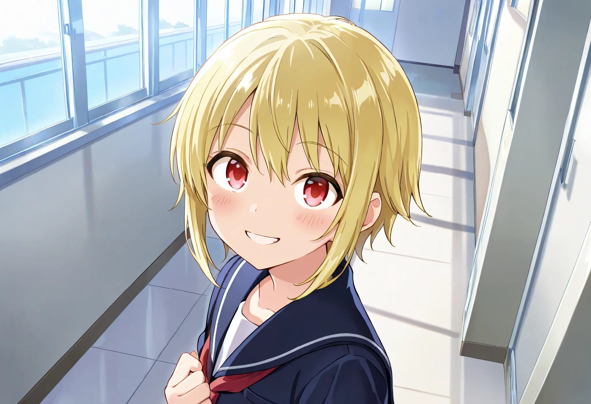 best_quality, detailed_background, 1boy, femboy, short hair, sidelocks, blonde hair, red eyes, school uniform, school background, smiling, looking up at viewer