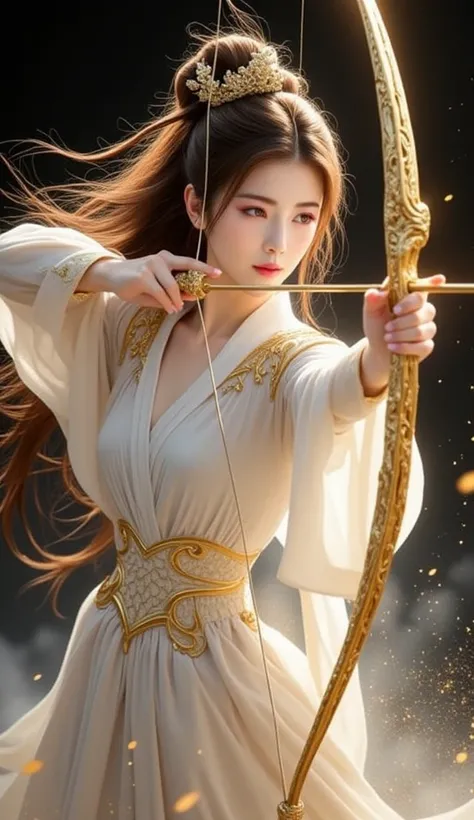 A majestic celestial archer, a goddess-like asian woman with flowing platinum brown hair, drawing a golden bow with divine precision. She wears an ethereal white gown adorned with gold accents, glowing softly in the darkness. Her piercing gaze is locked on...