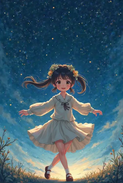 There is a movement under the starry sky of a cute anime style girl dancing happily in a retro style