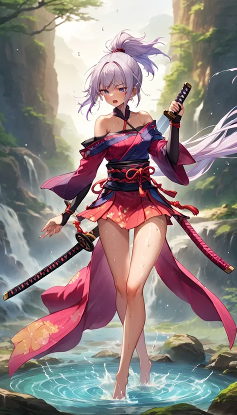 A fantasy landscape featuring a Japanese kunoichi in a sheer, off-shoulder kunoichi outfit (random color) and a mini skirt (random color). She has silver hair, a glamorous figure, and a realistic skin texture. Her embarrassed expression, ponytail, and swea...