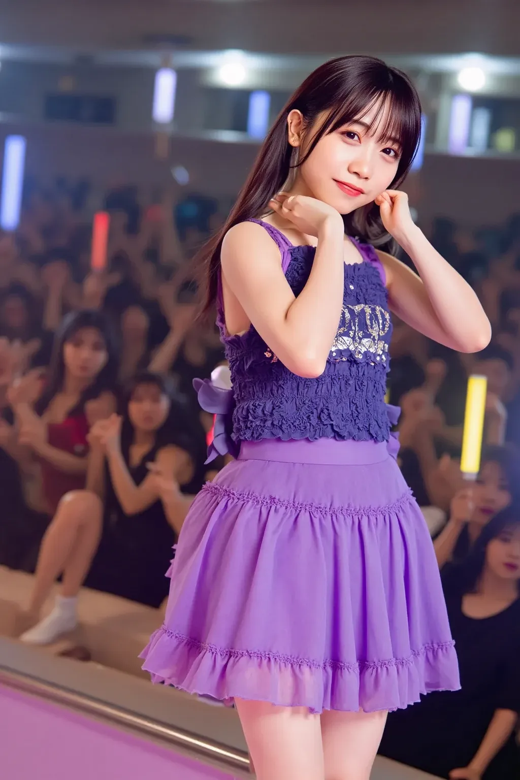 "A cute female idol stands on a brightly lit stage, holding a microphone with both hands. She has sparkling eyes and a cheerful smile, wearing a stylish and colorful idol outfit with frills and ribbons. The stage is illuminated by vibrant lights, and the a...